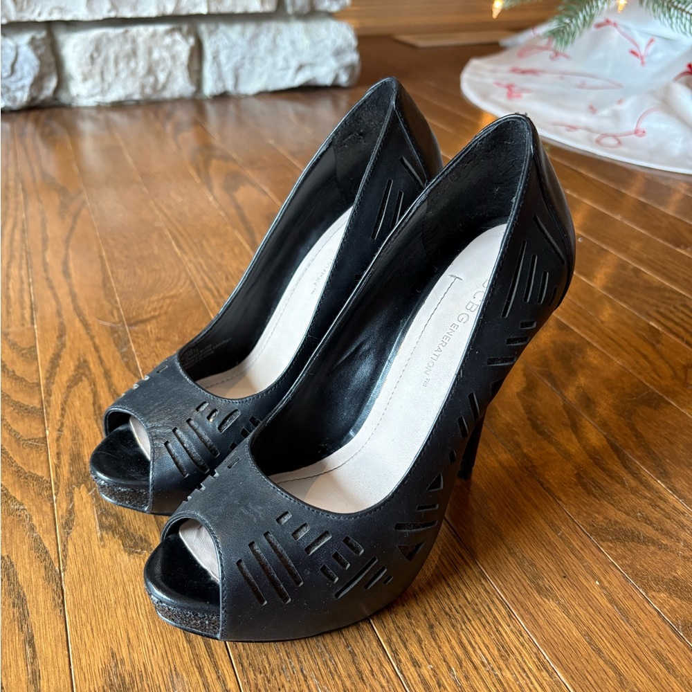 BCBGeneration Black Cutout Peep-Toe Heels